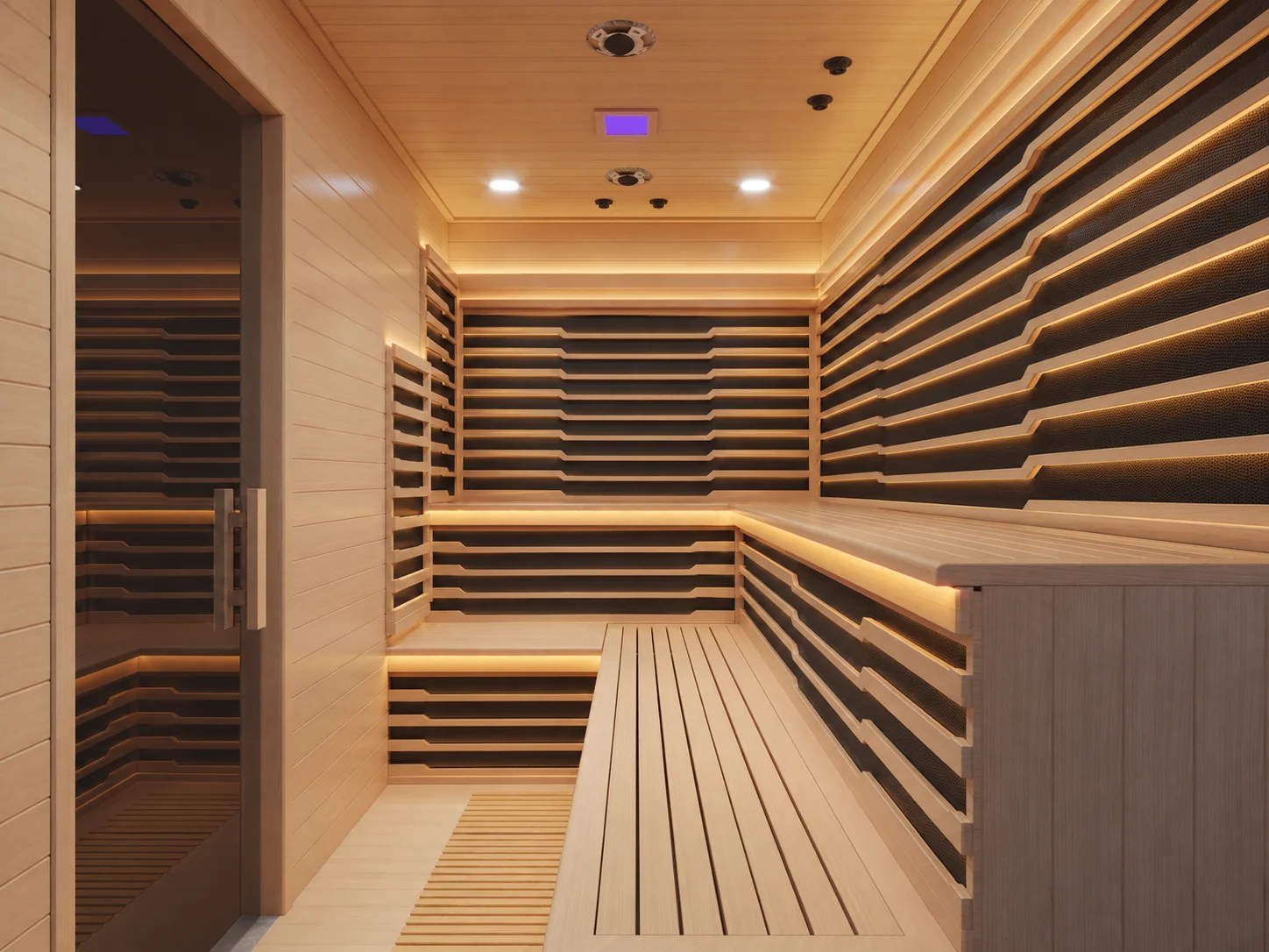Sauna cabin interior with wall-mounted heating panels